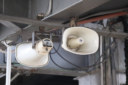 loudspeaker in a building, closeup of photo.の写真素材