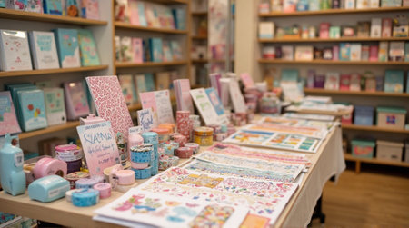 Charming stationery shop display featuring colorful washi tapes, notebooks, and craft suppliesの素材