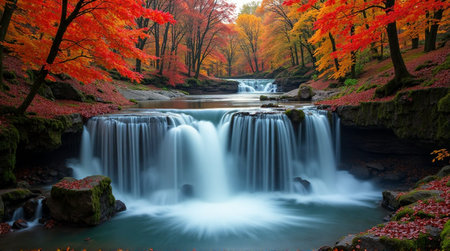 Stunning autumn landscape with vibrant foliage and cascading waterfalls creating a serene natural backdropの素材