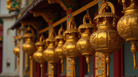 Ornate golden lanterns gleam with intricate detail, creating a rich cultural ambiance for travel and tradition.の素材