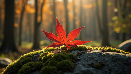 A close-up of a vibrant red-orange maple leaf resting on a stone covered in moss.の素材