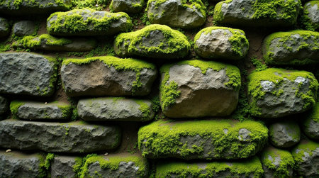 Lush green moss blankets ancient stone wall creating a vibrant natural textureの素材