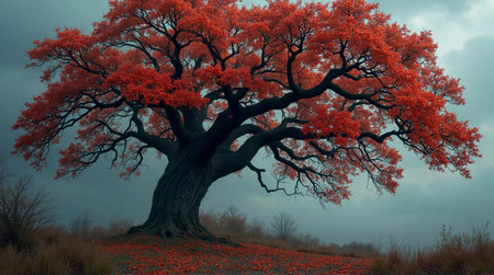 Dramatic autumn landscape showcasing a large tree with vibrant red foliage against a moody sky creating a captivating sceneの素材