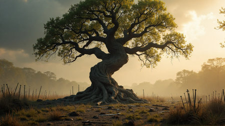 An ancient tree with twisted trunk stands majestically in a field at sunrise, creating a mystical, serene landscape.の素材