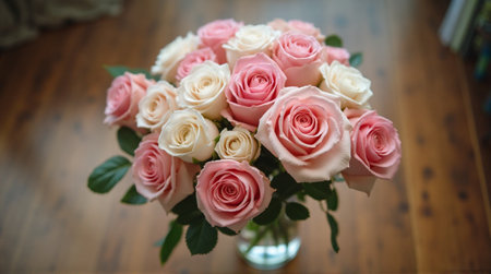 Delicate blush pink and cream roses arranged beautifully evoke romance and elegance for special occasions.の素材