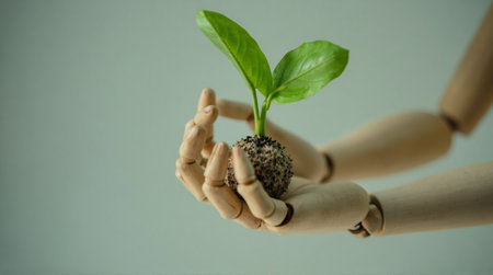 Wooden hands gently holding vibrant green sprout, symbolizing growth and care for our planetの素材