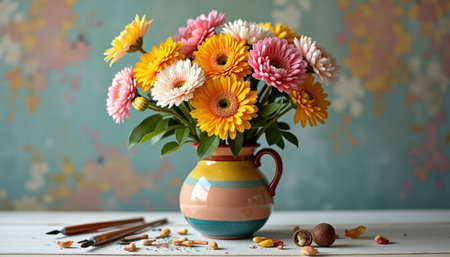 A vibrant bouquet of spring flowers in a colorful ceramic vase, surrounded by scattered paintbrushes and art supplies.の素材