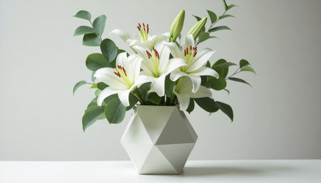 A modern vase shaped like a geometric prism, holding white lilies and green eucalyptus leaves.の素材