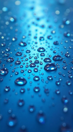 Captivating blue background showcases glistening water droplets for a refreshing and serene aquatic aesthetic.の素材