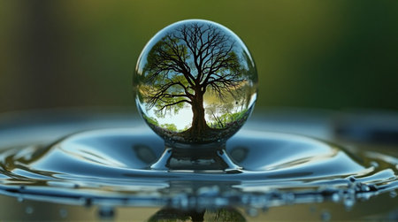 Reflected tree scene within water drop resting upon ripples creates a nature inspired close up with green background.の素材