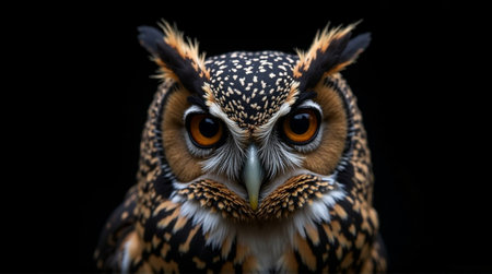 A striking close-up of an owl's face, set against a completely black background.の素材