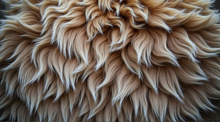 This high-resolution close-up showcases the intricate texture of a light brown and white faux fur.の素材