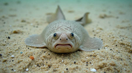 Close-up of a curious fish camouflaged on sandy seabed, marine life explorationの素材