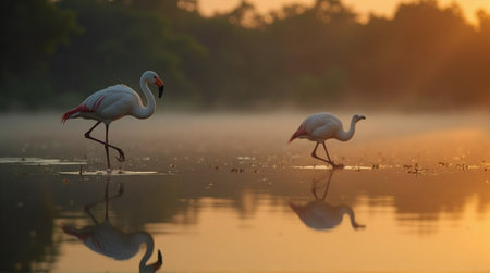 Graceful flamingos wading in calm water at sunrise with golden light and serene reflectionsの素材