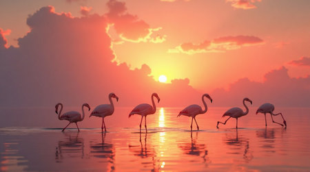 Stunning flock of flamingos gracefully wading through tranquil waters at golden hour sunsetの素材