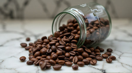 Roasted coffee beans spill from a glass jar onto a marble surfaceの素材
