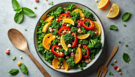 Bright vibrant salad bowl brimming with broccoli, citrus fruits, and peppers creates a healthy and visually appealing mealの素材