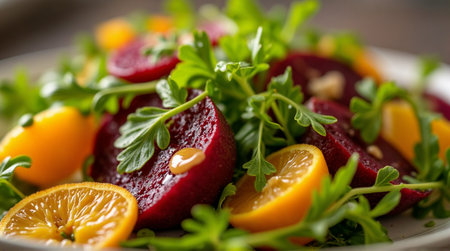 Fresh beet and orange salad features vibrant colors and healthy ingredients for a delicious and refreshing meal option.の素材