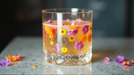 A close-up of a refreshing drink, likely a cocktail or mocktail, adorned with vibrant, edible flowers.の素材