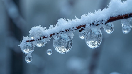 Frozen dew drops cling to a branch in winter, reflecting the trees in crystal clear spheres of iceの素材