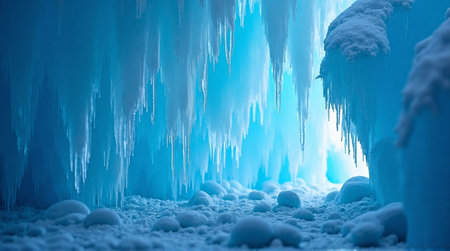 Explore a stunning ice cave with frozen icicles and snowy formations for winter wonderland adventuresの素材