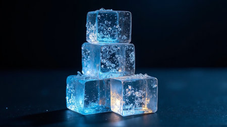 Cool ice cubes stacked high create a refreshing feeling for summer drinks and beverages imageryの素材