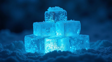 Captivating ice cubes pyramid with a vibrant blue glow resting on snow create a cool winter moodの素材