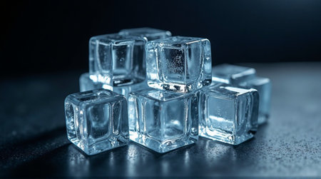 Chilled ice cubes glistening on dark surface offer refreshing coolness for summer drinks and beverage promotionsの素材
