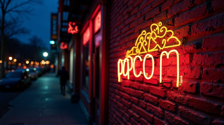 Vibrant neon popcorn sign illuminates a brick wall at dusk creating inviting and warm street sceneの素材