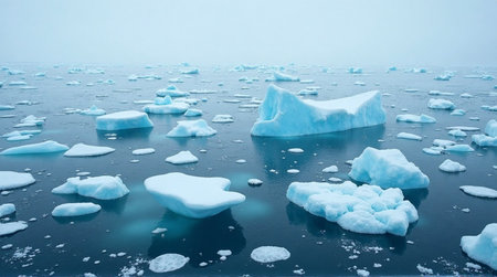 Discover stunning icebergs floating peacefully on frigid arctic waters under a muted, dreamy skyの素材