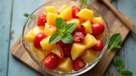 Fresh fruit salad features juicy melon, strawberries, tomatoes and mint in a glass bowl, a healthy and colorful dessert.の素材
