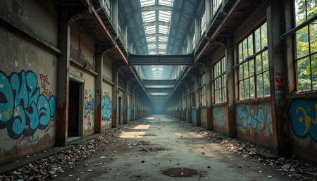 Evocative perspective of a decaying industrial hall with graffiti art and aged architecture, conveying a sense of abandonment and history.の素材