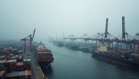 Container ships docked at a busy port under a misty sky, illustrating global trade and shipping logistics on the water.の素材
