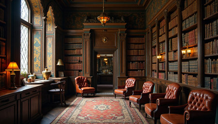 A beautifully appointed library, filled with antique books lining the walls, showcasing a sophisticated and elegant atmosphere.の素材