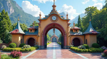 A grand, arched gateway entrance to a whimsical theme park, featuring pastel-orange and peach-colored architecture with decorative turrets and intricate details.の素材