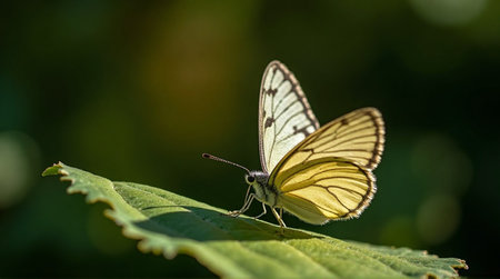 Delicate clouded marble butterfly rests gracefully on a vibrant green leaf in natural sunlight, showcasing its intricate wing pattern.の素材