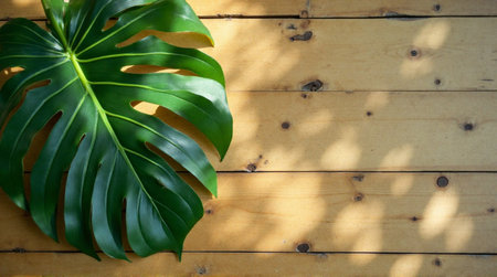 Tropical monstera leaf rests on a rustic wooden surface with dappled sunlight creating a natural, vibrant botanical scene.の素材