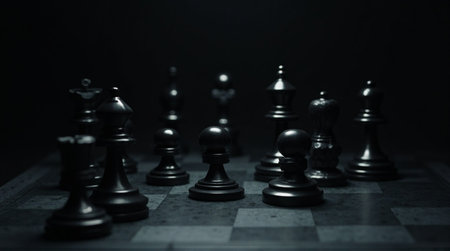 Close-up view of black chess pieces positioned on a dark checkered board in a dimly lit setting.の素材