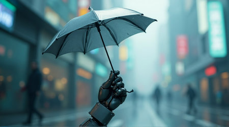 Futuristic robotic hand holding umbrella on rainy city street with blurred neon lightsの素材