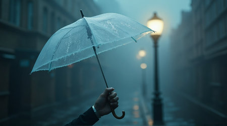 Hand holding transparent umbrella in rainy city street with glowing lamp postの素材