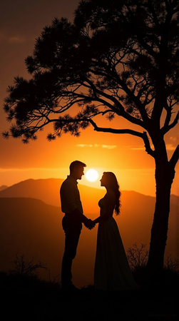 Romantic couple holding hands at sunset under a tree, sharing a special moment in nature's glowの素材