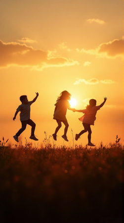 Silhouette of joyful children jumping together at sunset creating a warm and playful summer vibeの素材