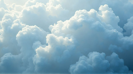 Dreamy, luminous cumulus clouds drift across a serene, bright blue skyの素材