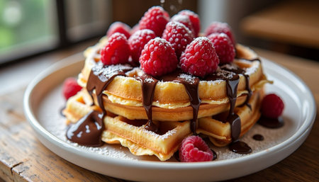 Delicious waffles stacked with fresh raspberries, drizzled chocolate sauce and dusting of powder sugar create a delightful breakfast.の素材