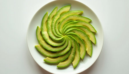 Sliced avocado arranged artistically on a white plate offers a healthy and delicious culinary experience.の素材