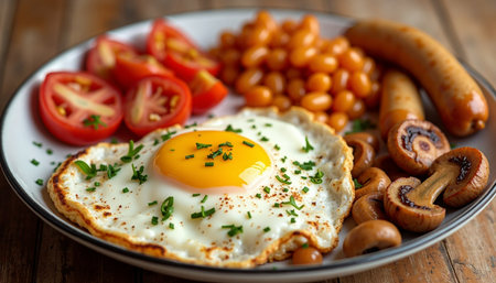 Hearty full English breakfast with fried egg, sausage, tomatoes, mushrooms, and beans served on a plate.の素材