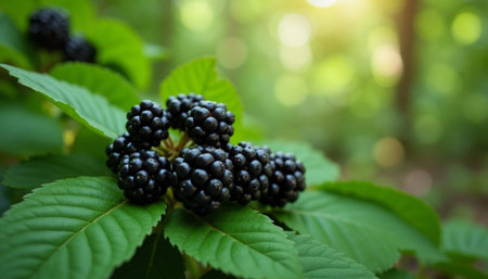 Lush blackberries ripen on the vine, showcasing their deep purple color against vibrant green foliage in a sun-drenched woodland setting.の素材