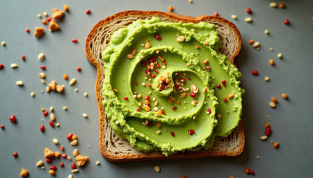 Tasty avocado toast showcases creamy avocado spread and colorful toppings on whole wheat breadの素材