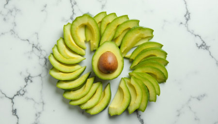 Half an avocado with seed is centered among avocado slices arranged on white marble for vibrant food shotの素材