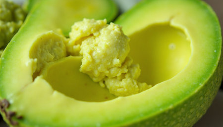 Freshly cut avocado halves showing creamy green flesh and filled with delicious guacamole for a healthy snack.の素材